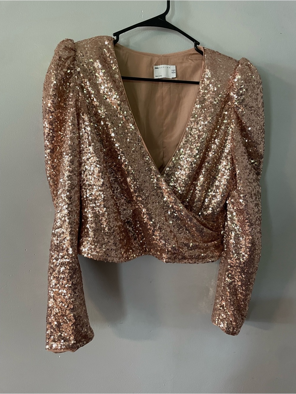 ASOS Design Sequin Wrap V-Neck Long Sleeve Top - Rose Gold size 10